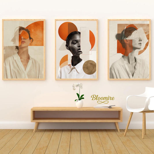Abstract Muse Poster Set of 3 | Surreal Female Portrait Wall Art | Modern Minimalist Line Art Collage | Neutral Orange Beige Digital Prints